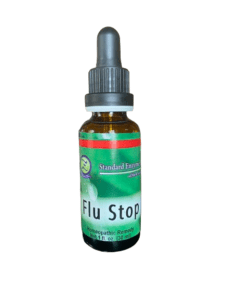 Homeopathic flu remedy dropper bottle.