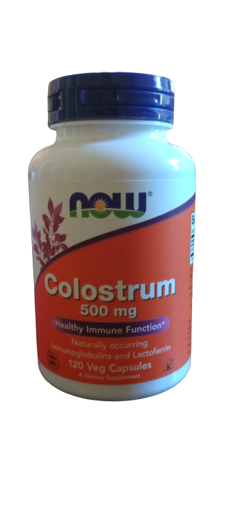 NOW Super Colostrum 500 mg bottle with a white background