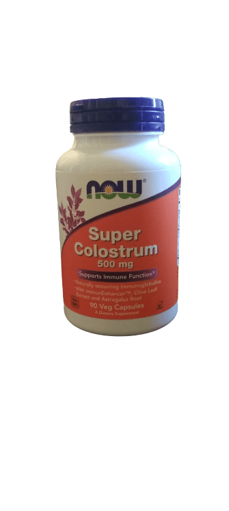 NOW Super Colostrum 500 mg bottle with a white background