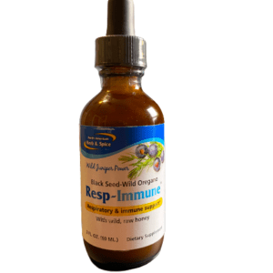 Resp-Immmune liquid 2 fl. oz bottle that contains black seed oil, oregano oil, raw honey, and juniper oil