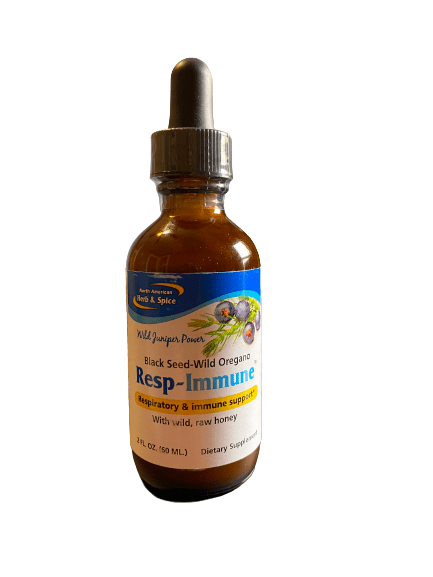Resp-Immmune liquid 2 fl. oz bottle that contains black seed oil, oregano oil, raw honey, and juniper oil