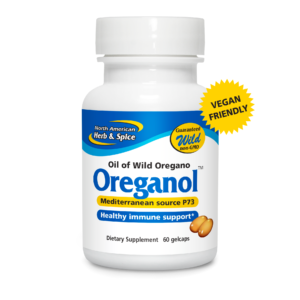 Oreganol supplement bottle with vegan-friendly label.