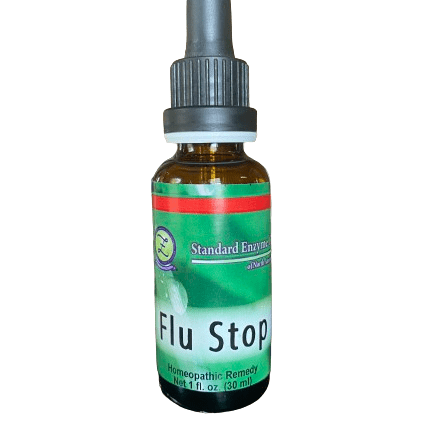 Homeopathic flu remedy dropper bottle.